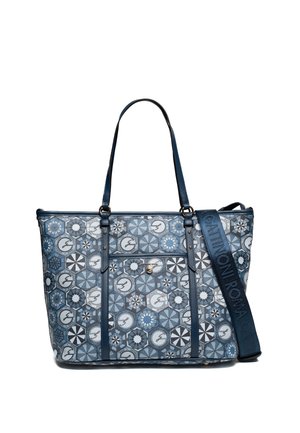 Borsa tote blu con fantasia geometrica e stampe del logo, due spalline, una tasca frontale e una tracolla larga staccabile con marchio a rilievo.