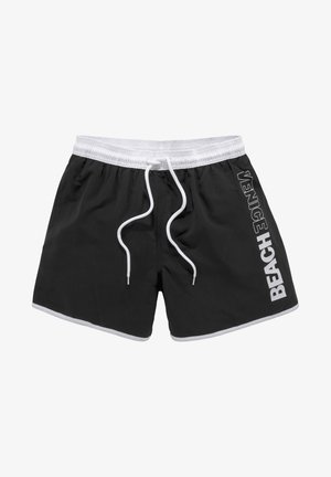 Schwarze Badehosen mit einem weißen elastischen Bund und Kordelzug. Auf der linken Seite befindet sich der Text "VENICE BEACH" in Weiß, mit weißer Einfassung.