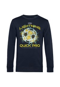 Mörkblå sweatshirt med lång ärm och rund halsringning. Har en livlig grafisk design i gult och blått av en fotboll med blixtmotiv.