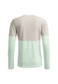 Long-sleeve shirt featuring a beige upper section and mint green lower section. Smooth texture with contrasting color blocks and round neckline.