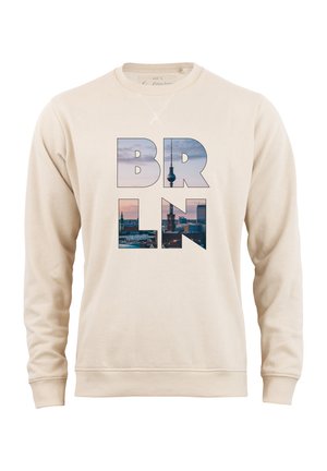 Beige sweatshirt featuring the word "BRLN" with a skyline photo of Berlin integrated into the letters. Classic crew neck design.