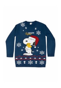 Maglione lavorato a maglia blu navy con Snoopy e Woodstock, testo "Baci CALDI", fiocchi di neve e orlo rosso con motivo.