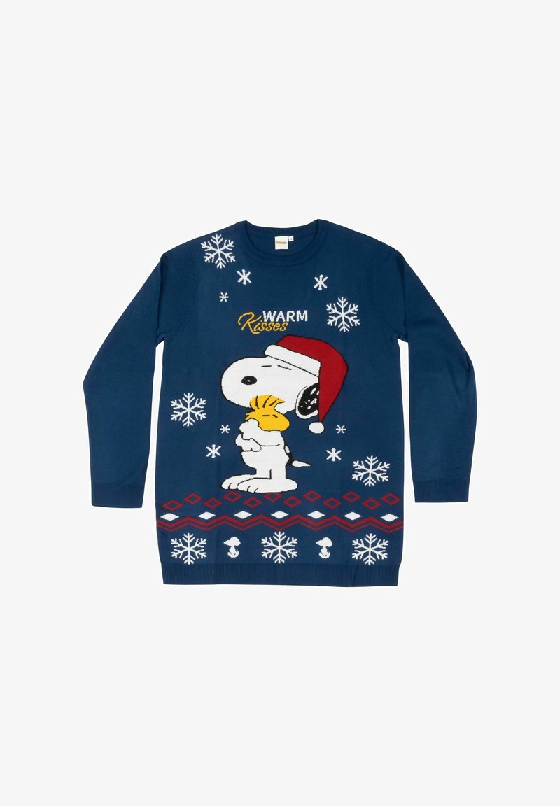 Navy blue knitted sweater featuring Snoopy and Woodstock, with "WARM Kisses" text, snowflakes, and a red patterned hem.