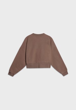 Brązowy skrócony sweatshirt z okrągłym dekoltem, opadającymi ramionami i prążkowymi mankietami. Gładka tekstura bez widocznych wzorów czy akcentów.