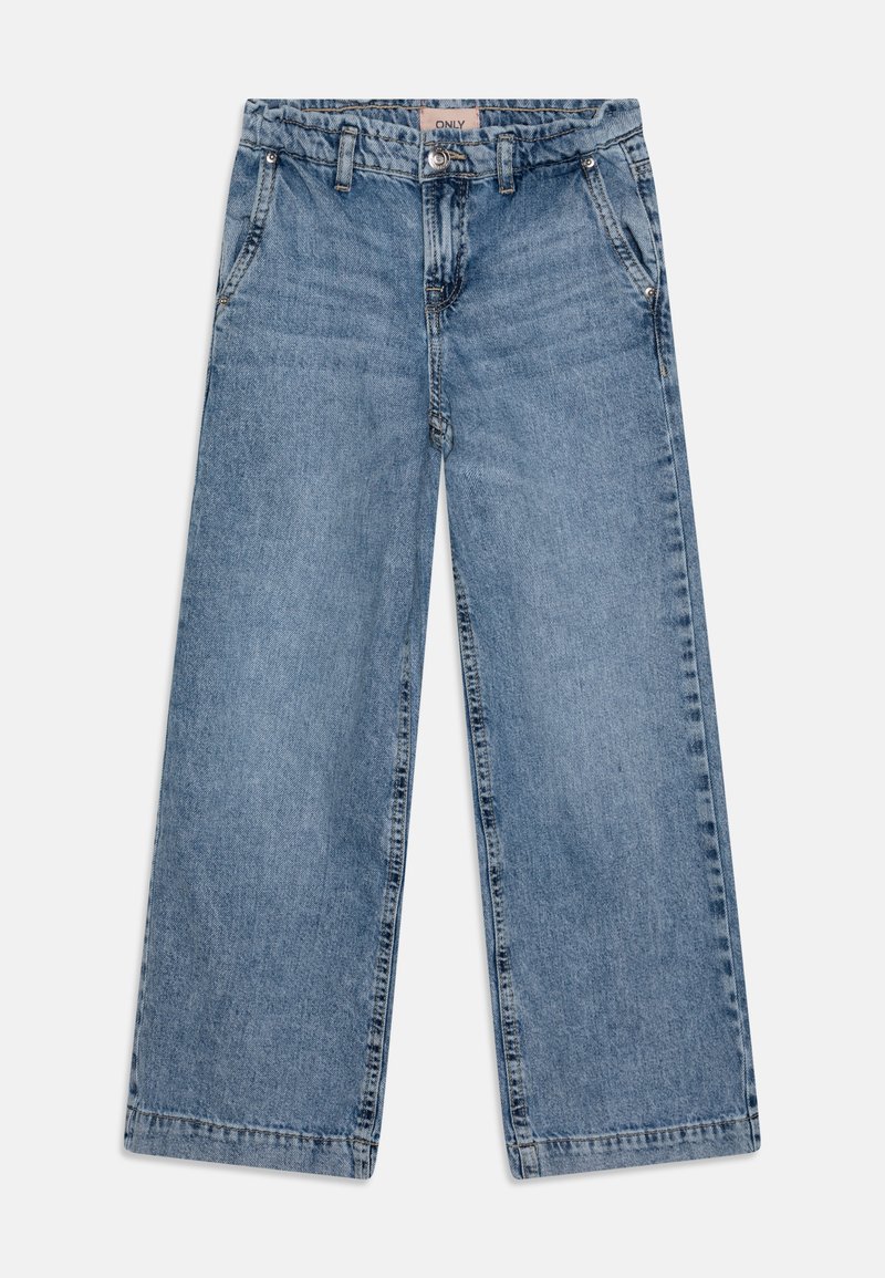 Jeans in denim azzurro chiaro a gamba larga, con vita alta, cinque tasche e chiusura con bottone. Presentano leggere sfumature e cuciture a contrasto.