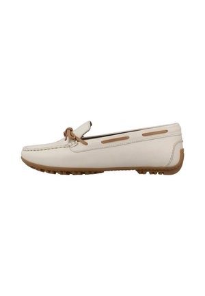 Beige læderloafer med brun gummisål og dekorativ snøre på siden, afslappet slip-on stil.