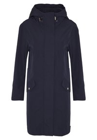 Marinblå lång jacka med huva, tillverkad av lätt material; har sidofickor och en framtillsdragkedja med silverdetaljer.
