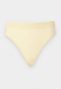 Γυναικεία εσώρουχα υψηλής κοπής σε ανοιχτό κίτρινο χρώμα, με φαρδιά ελαστική ζώνη μέσης και μπροστινό μέρος από λείο ύφασμα.