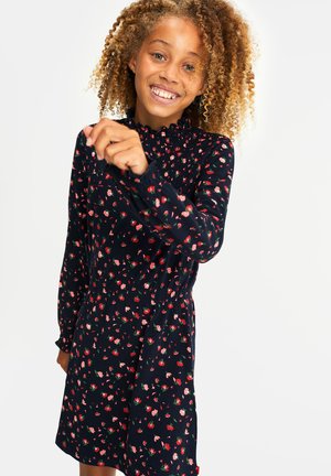 MET BLOEMENDESSIN EN SMOKWERK - Korte jurk - navy blue