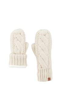 Gestrickte cremefarbene Handschuhe mit Kabelmuster, gerippten Bündchen und einem weichen Futter. Verfügt über ein kleines braunes Etikett im Handgelenkbereich.