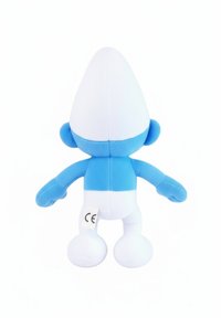Blauw en witte pluche figuur met een puntige hoed, ronde lichaam en kleine ledematen. Label zichtbaar op de onderrug met een CE-markering. Zachte textuur.