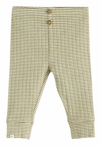 Geribbelde tan en crème gestreepte leggings met een elastische tailleband en twee houten knopen aan de voorkant. Enkellengte met aansluitende boorden.