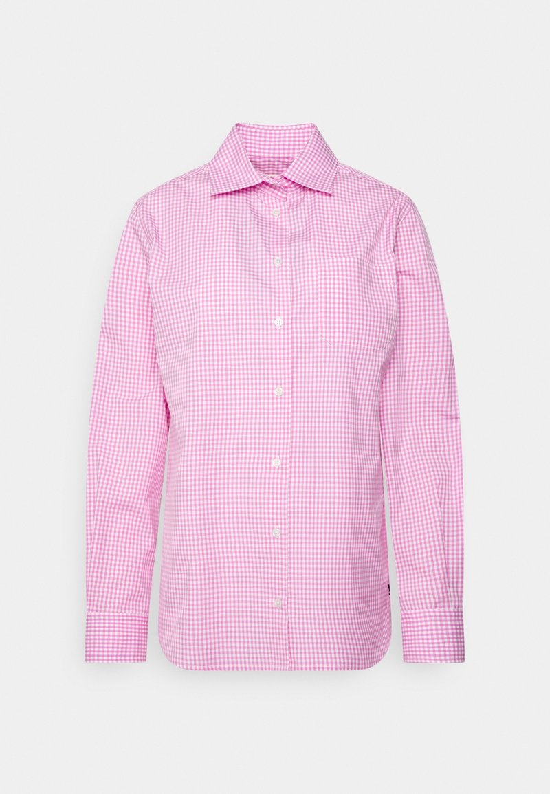 Růžová košile s kostkovaným vzorem gingham, s límečkem, dlouhými rukávy, zapínáním na knoflíky, jednou náprsní kapsou a hladkým bavlněným materiálem.