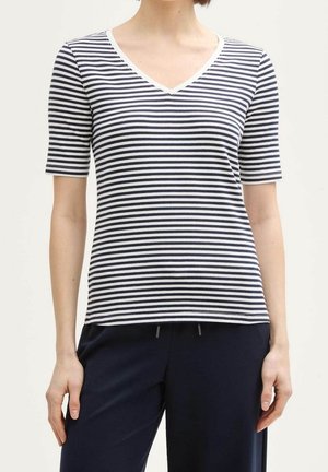 Kurzärmliges V-Ausschnitt-Oberteil aus Baumwolle mit marineblauen und weißen horizontalen Streifen, weicher Textur und schlichtem Design.