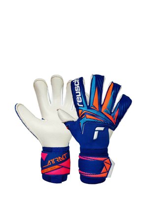 Coppia di guanti da portiere in blu, arancione e bianco con marchio "Reusch" e cinturini regolabili al polso, mostrati da avanti e da dietro.