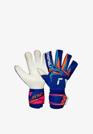 Coppia di guanti da portiere in blu, arancione e bianco con marchio "Reusch" e cinturini regolabili al polso, mostrati da avanti e da dietro.