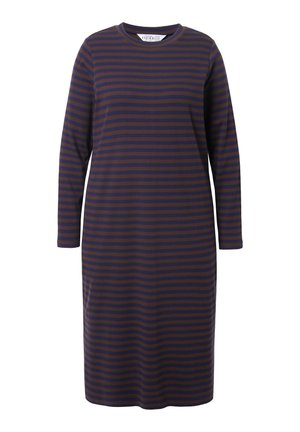Robe à manches longues à rayures horizontales marron foncé et bleu marine, encolure ronde, coupe droite, fabriquée en doux tissu en coton.