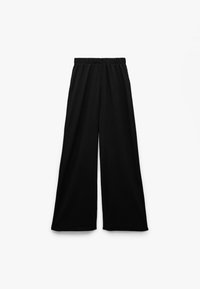 Zwarte wijde broek met een elastische tailleband, gemaakt van een lichtgewicht, gestructureerde stof, met een losse, vloeiende pasvorm.