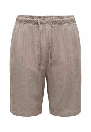 Shorts en tissu texturé marron clair avec une taille élastique et une fermeture à cordon à l'avant.