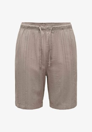Hellbraune Shorts aus strukturiertem Stoff mit elastischem Bund und vorne mit Kordelzug.