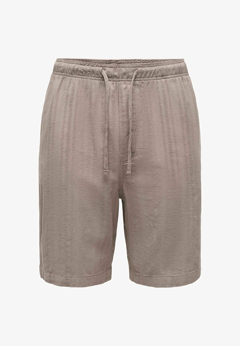 Shorts en tissu texturé marron clair avec une taille élastique et une fermeture à cordon à l'avant.
