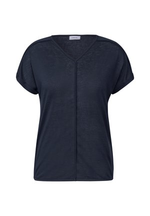 T-shirt V-neck blu navy a maniche corte, realizzato in tessuto morbido, con una cucitura centrale e vestibilità rilassata. Design pulito, senza fantasie.
