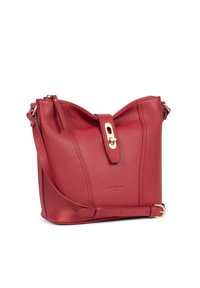 Borsa a tracolla in pelle rossa con zip, apertura ampia, dettagli in hardware dorato e tracolla regolabile per versatilità.
