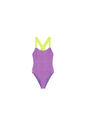 Bañador de una pieza morado con un sutil patrón ondulado y tirantes cruzados de neón amarillo.