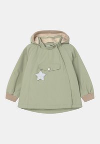 Lys grøn børns hætte-regnjakke med beige manchetter, lomme foran, trykknap og refleksstjerne-tag.