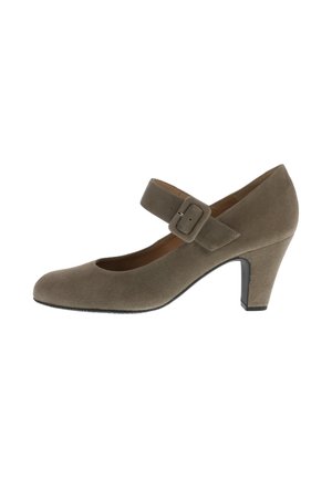 Brown suede Mary Jane shoe with a rounded toe, adjustable strap, and a moderate heel. Smooth surface, simple design, and buckle detail.