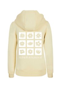 Felpa color crema con cappuccio, polsini a coste e una grafica sul retro con nove icone floreali e il testo "Rinascita e Rinnovamento" sotto.