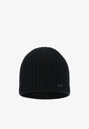 Black ribbed knit beanie with a small rectangular logo tag near the bottom edge, shown against a white background.