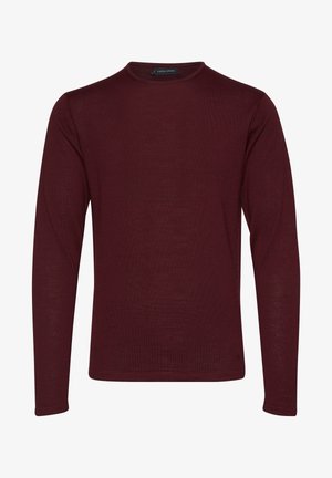 Cămașă cu mânecă lungă și guler rotund, de culoare bordeaux închis, realizată dintr-un material ușor, texturat, cu un model delicat de tricot.