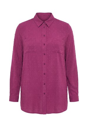 Fialová halenka s dlouhým rukávem na knoflíky s texturovaným vzorem teček, dvěma kapsami na prsou, klasickým límečkem a manžetami na knoflíky.