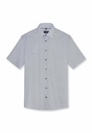 Camicia da uomo manica corta con bottoni, piccolo motivo circolare blu, colletto classico e sette bottoni scuri su sfondo bianco.