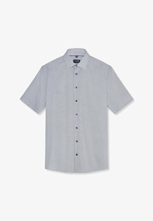 Camicia da uomo manica corta con bottoni, piccolo motivo circolare blu, colletto classico e sette bottoni scuri su sfondo bianco.