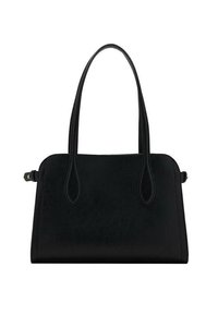Borsa a mano in pelle nera con forma strutturata, due manici allungati e texture liscia. Design semplice senza hardware o dettagli visibili.