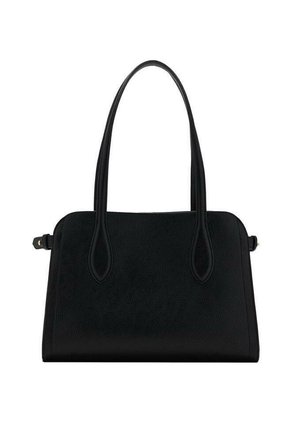 Black leather handbag with a structured shape, two elongated handles, and a smooth texture. Simple design with no visible hardware or accents.