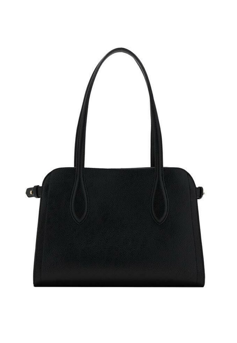 Borsa a mano in pelle nera con forma strutturata, due manici allungati e texture liscia. Design semplice senza hardware o dettagli visibili.