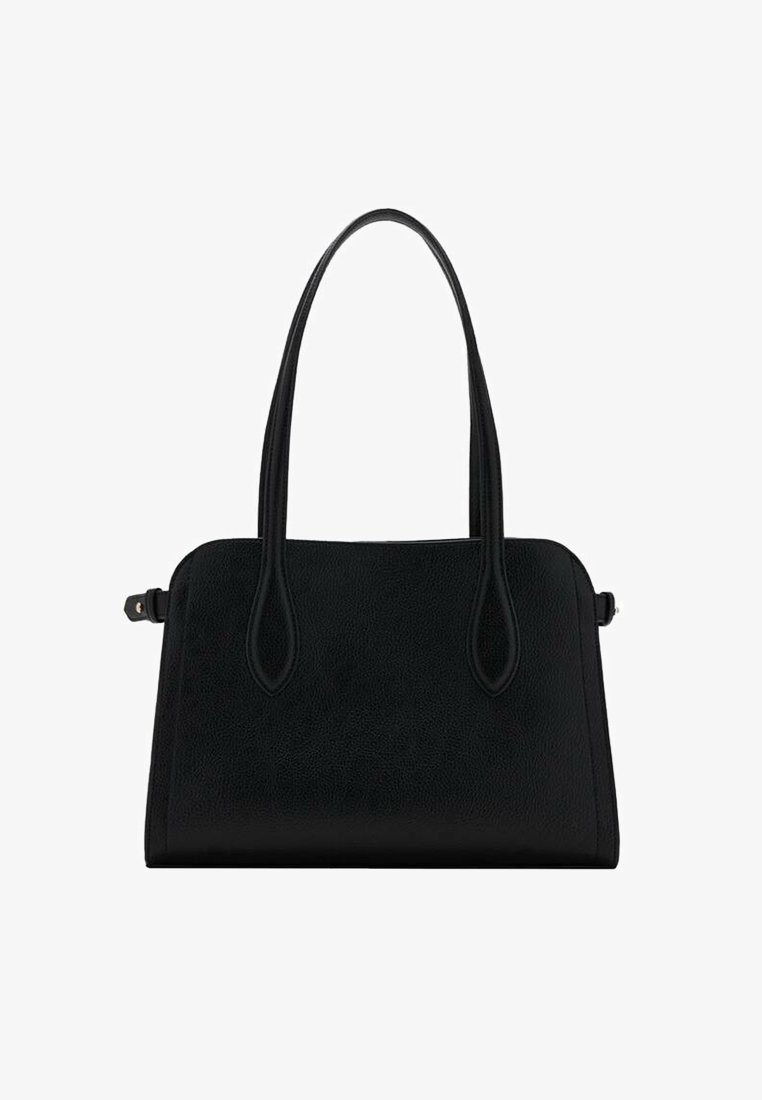 Sac à main en cuir noir avec une forme structurée, deux anses allongées et une texture lisse. Design simple sans matériel ou accents visibles.