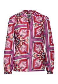 Long-sleeve blouse in vibrant pink and red floral pattern with a high neck, featuring gathered details and a keyhole opening at the front.