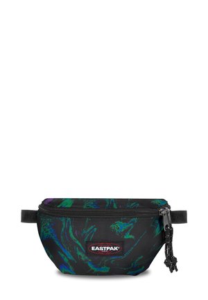 Svart midjeväska med abstrakt mönster i grönt och lila, dragkedjestängning och justerbar rem. Har Eastpak-logotypen på framsidan.