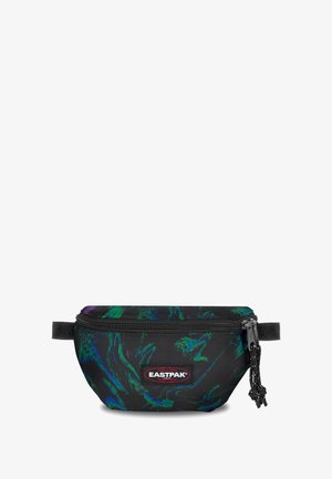 Marsupio nero con motivo astratto verde e viola, chiusura con zip e tracolla regolabile. Presenta il logo Eastpak sul davanti.
