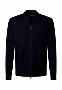 Navy Zip-Up-Kardigan aus weichem Material, mit Stehkragen, gerippten Bündchen und Saum, Reißverschluss und minimalistischem Design.