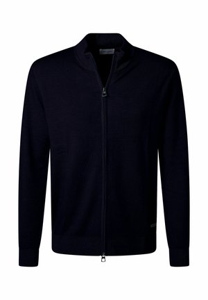 Navy Zip-Up-Kardigan aus weichem Material, mit Stehkragen, gerippten Bündchen und Saum, Reißverschluss und minimalistischem Design.
