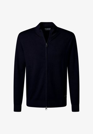 Navy Zip-Up-Kardigan aus weichem Material, mit Stehkragen, gerippten Bündchen und Saum, Reißverschluss und minimalistischem Design.