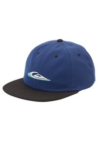 Blå kasket med sort skygge, prydet med et broderet bølgelogo i hvid og aqua. Fremstillet af stof med flad skygge design.
