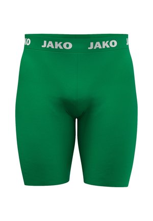 Grüne dehnbare Sportshorts mit einem breiten Bund, der den Markennamen JAKO in weißen Buchstaben trägt.