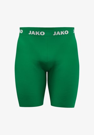 Grüne dehnbare Sportshorts mit einem breiten Bund, der den Markennamen JAKO in weißen Buchstaben trägt.