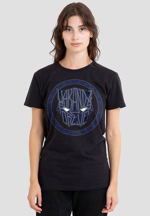 Black t-shirt featuring a circular graphic with blue accents and the text "Wakanda Forever." Short sleeves, crew neck. Cotton fabric.